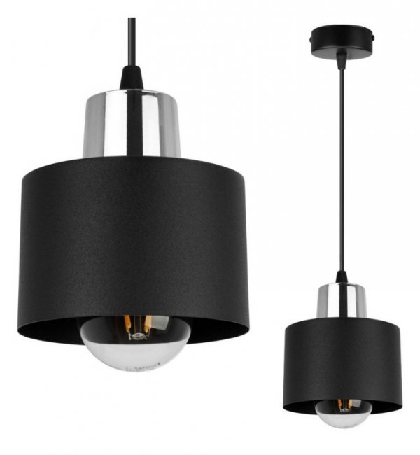 Lampa wisząca zwis, metalowy czarny klosz 12 cm ze srebrnym, chromowanym wykończeniem, podsufitka 8 cm, E27 LIGHT HOME