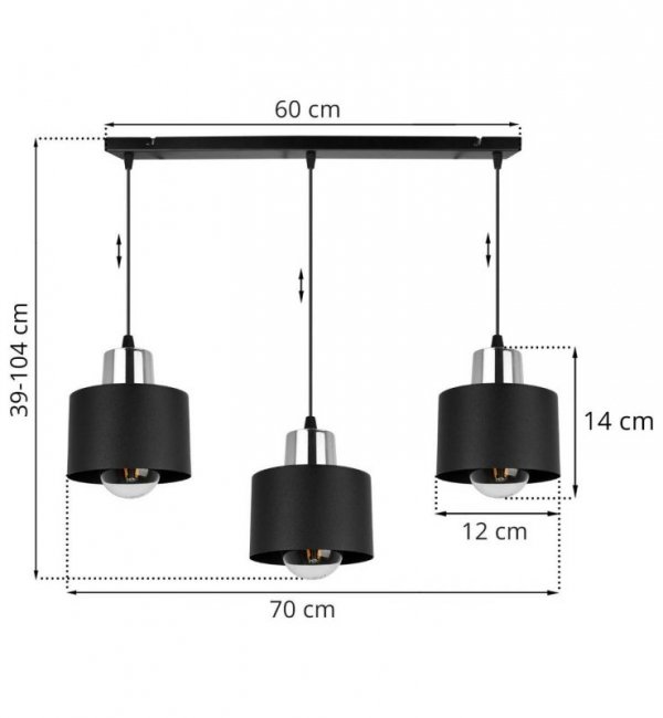 Lampa wisząca na szerokiej listwie 60 cm, 3 klosze czarne metalowe 12 cm ze srebrnym, chromowanym wykończeniem, E27 LIGHT HOME