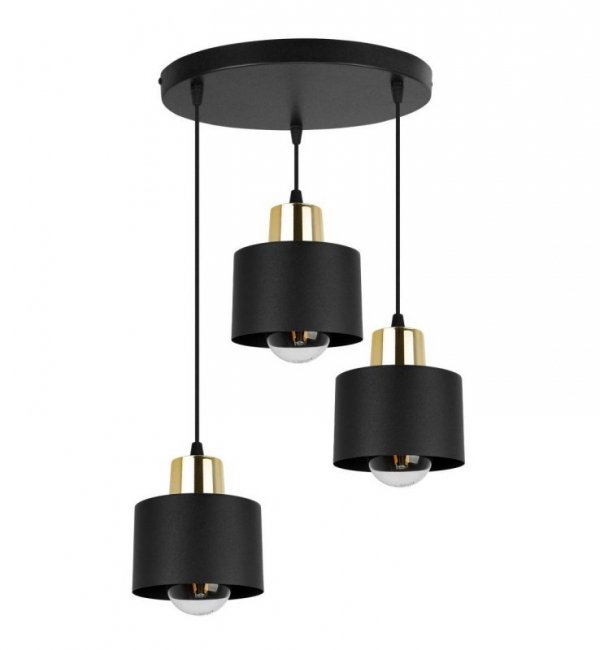 Lampa wisząca na okrągłej podsufitce 30 cm, 3 klosze czarne metalowe 12 cm ze złotym wykończeniem, E27 LIGHT HOME