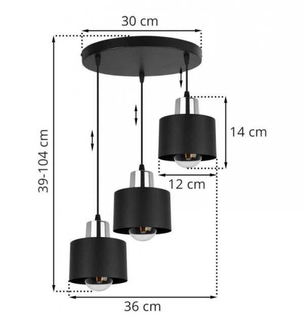 Lampa wisząca z okrągłą podsufitką, 3 czarne, metalowe klosze 12 cm ze srebrnym wykończeniem, E27 LIGHT HOME