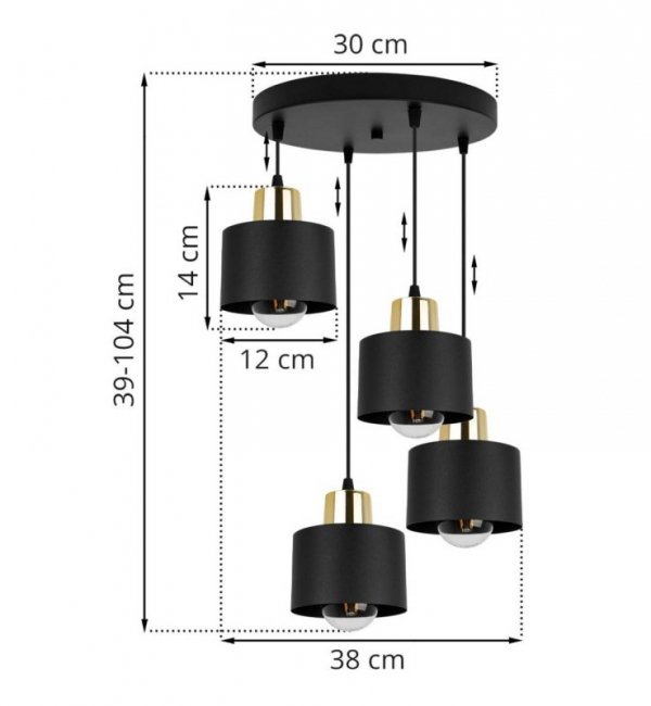 Lampa wisząca na okrągłej podsufitce 30 cm, 4 metalowe, czarne klosze 12 cm ze złotym wykończeniem, E27