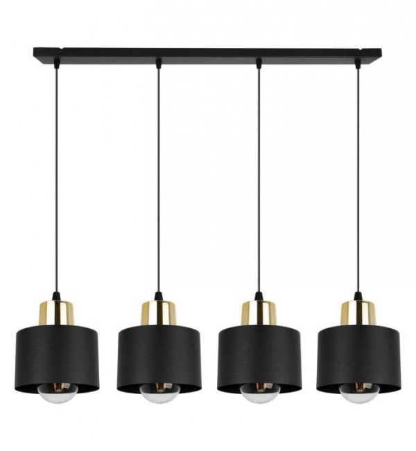 Lampa wisząca z prostokątną podsufitką 80 cm, 4 metalowe, czarne klosze 12 cm ze złotym wykończeniem, E27