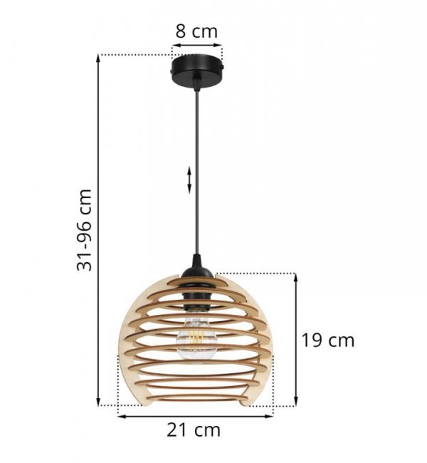Lampa wisząca, okrągła podsufitka 8 cm, drewniany klosz w kształcie ażurowej kuli 21 cm, E27