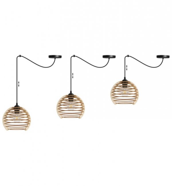 Lampa wisząca typu pająk, klosz drewniana kula ażurowa 21 cm z poziomymi lamelami, okrągła podsufitka, E27 LIGHT HOME