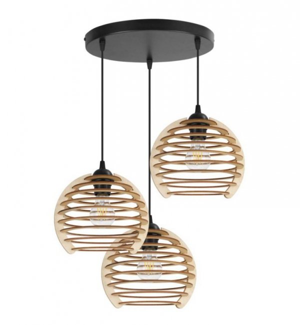 Lampa wisząca na okrągłej podsufitce 30 cm, 3 drewniane klosze 21 cm w kształcie ażurowych kul, E27 LIGHT HOME