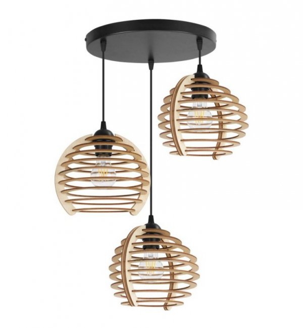Lampa wisząca na okrągłej podsufitce 30 cm, 3 drewniane klosze 21 cm w kształcie ażurowych kul, E27 LIGHT HOME