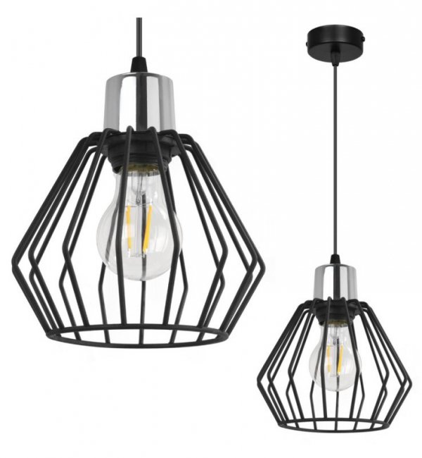 Lampa wisząca zwis, druciany czarny klosz metalowy 18 cm ze srebrnym, chromowanym wykończeniem, podsufitka 8 cm, E27 LIGHT HOME