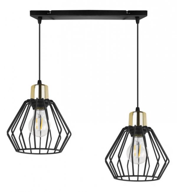 Lampa wisząca na szerokiej listwie 40 cm, 2 klosze druciane czarne metalowe 18 cm ze złotym wykończeniem, E27 LIGHT HOME
