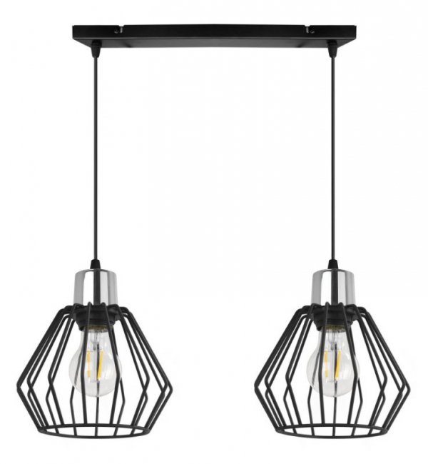 Lampa wisząca na szerokiej listwie 40 cm, 2 klosze druciane czarne metalowe 18 cm ze srebrnym, chromowanym wykończeniem, E27 LIGHT HOME
