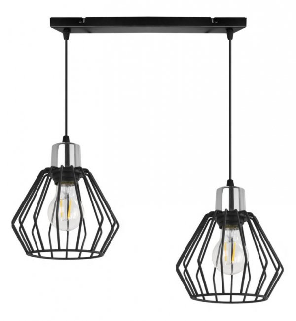 Lampa wisząca na szerokiej listwie 40 cm, 2 klosze druciane czarne metalowe 18 cm ze srebrnym, chromowanym wykończeniem, E27 LIGHT HOME