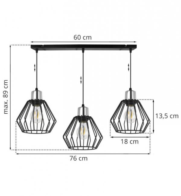 Lampa wisząca na szerokiej listwie 60 cm, 3 klosze druciane czarne metalowe 18 cm ze srebrnym, chromowanym wykończeniem, E27 LIGHT HOME