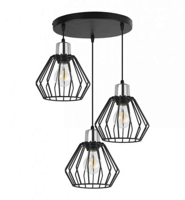 Lampa wisząca na okrągłej podsufitce 30 cm, 3 klosze druciane metalowe czarne 18 cm ze srebrnym, chromowanym wykończeniem, E27 LIGHT HOME