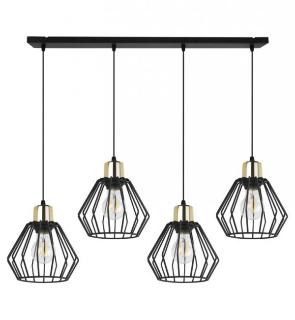 Lampa wisząca na szerokiej listwie 80 cm, 4 klosze druciane czarne metalowe 18 cm ze złotym wykończeniem, E27 LIGHT HOME