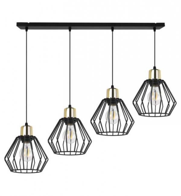 Lampa wisząca na szerokiej listwie 80 cm, 4 klosze druciane czarne metalowe 18 cm ze złotym wykończeniem, E27 LIGHT HOME