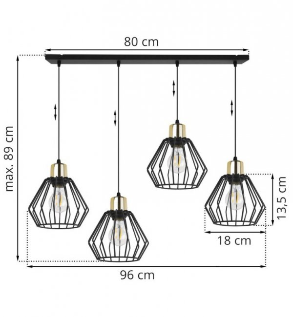Lampa wisząca na szerokiej listwie 80 cm, 4 klosze druciane czarne metalowe 18 cm ze złotym wykończeniem, E27 LIGHT HOME