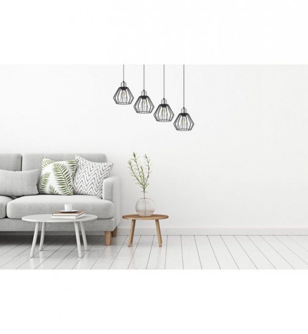 Lampa wisząca na szerokiej listwie 80 cm, 4 klosze druciane czarne metalowe 18 cm ze złotym wykończeniem, E27 LIGHT HOME