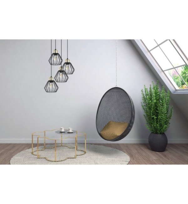 Lampa wisząca na okrągłej podsufitce 30 cm, 4 klosze druciane metalowe czarne 18 cm ze złotym wykończeniem, E27 LIGHT HOME