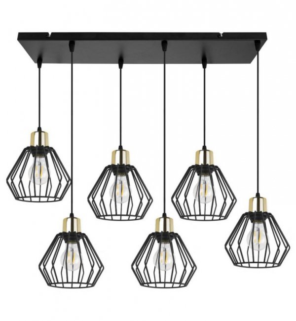 Lampa wisząca na szerokiej listwie 60 cm, 6 drucianych, czarnych, metalowych kloszy 18 cm ze złotym wykończeniem, E27 LIGHT HOME