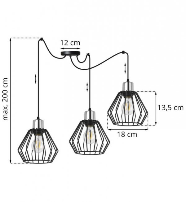 Lampa wisząca typu pająk, 3 czarne druciane klosze 18 cm, srebrne, chromowane wykończenie, E27 LIGHT HOME