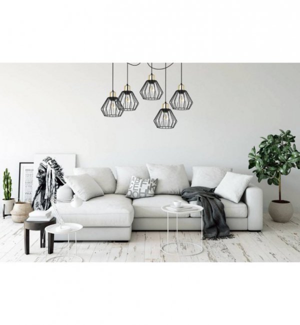 Lampa wisząca typu pająk, 5 kloszy drucianych czarnych metalowych 18 cm, złote wykończenie, E27 LIGHT HOME