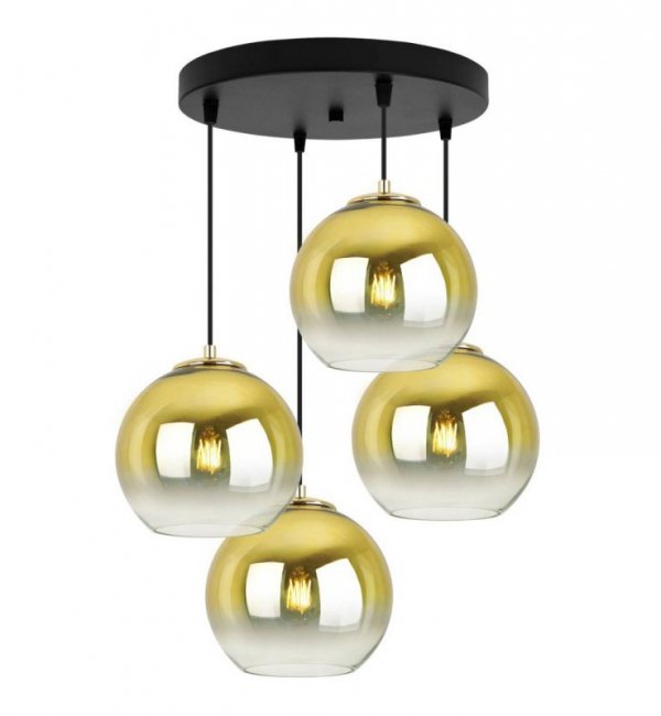 Lampa wisząca na okrągłej podsufitce 30 cm, 4 klosze szklane złote kule 20 cm, E27 LIGHT HOME