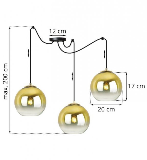 Lampa wisząca typu pająk, 3 klosze szklane złote kule 20 cm, E27 LIGHT HOME