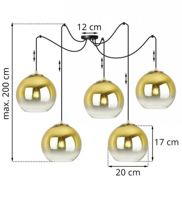 Lampa wisząca typu pająk, 5 kloszy szklanych złotych kul 20 cm, E27 LIGHT HOME