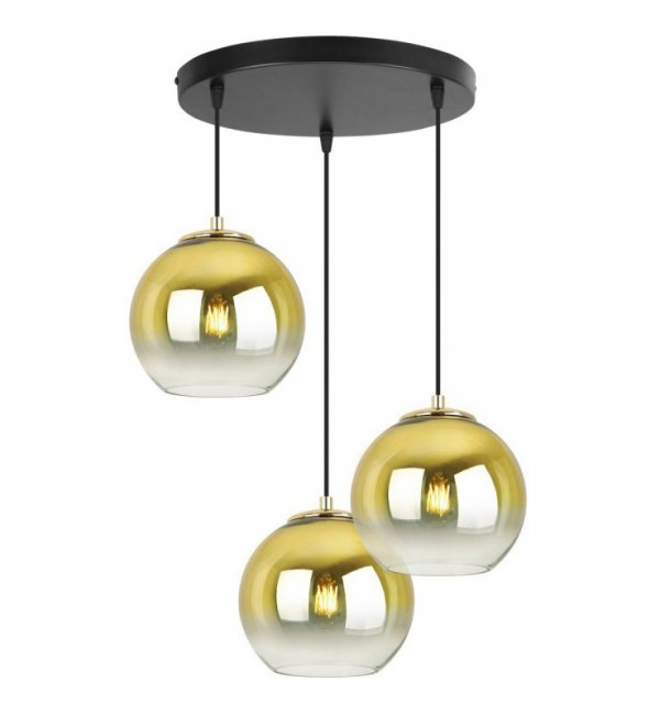 Lampa wisząca na okrągłej podsufitce 30 cm, 3 klosze szklane złote kule 15 cm, E27 LIGHT HOME