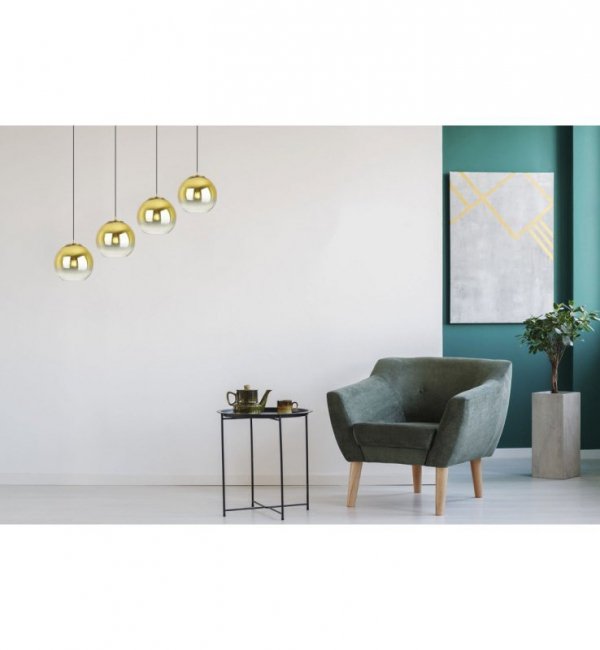 Lampa wisząca na szerokiej prostokątnej listwie 80 cm, 4 klosze szklane złote kule 15 cm, E27 LIGHT HOME