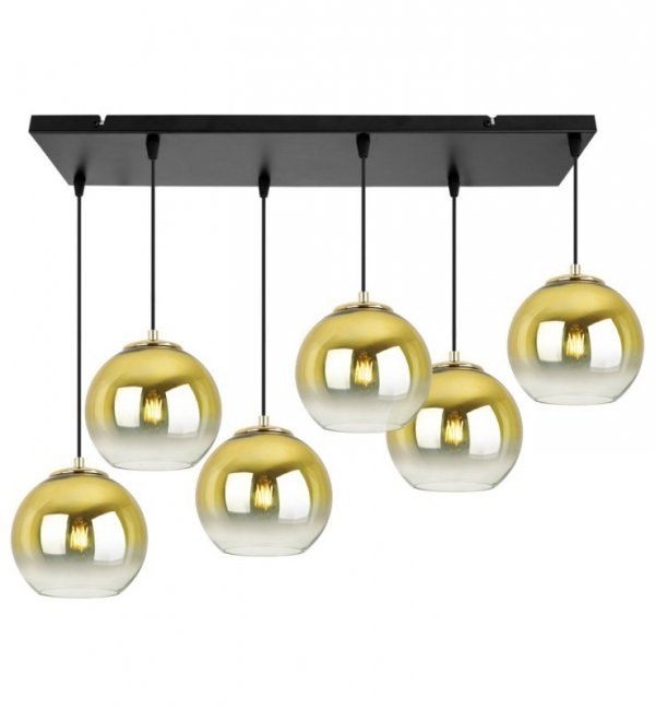Lampa wisząca na szerokiej prostokątnej listwie 60 cm, 6 złotych kloszy szklane kule 15 cm, E27 LIGHT HOME