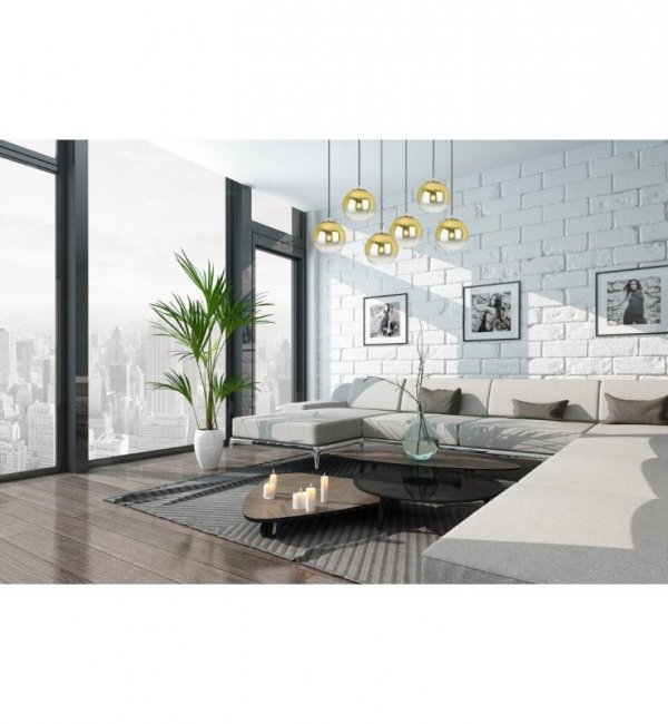 Lampa wisząca na szerokiej prostokątnej listwie 60 cm, 6 złotych kloszy szklane kule 15 cm, E27 LIGHT HOME