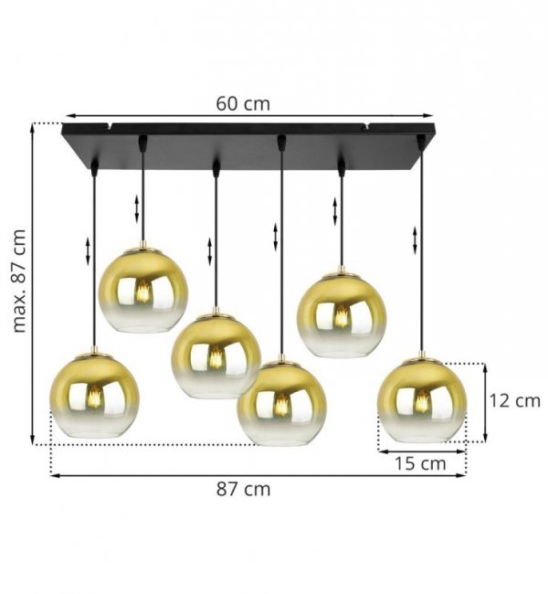 Lampa wisząca na szerokiej prostokątnej listwie 60 cm, 6 złotych kloszy szklane kule 15 cm, E27 LIGHT HOME