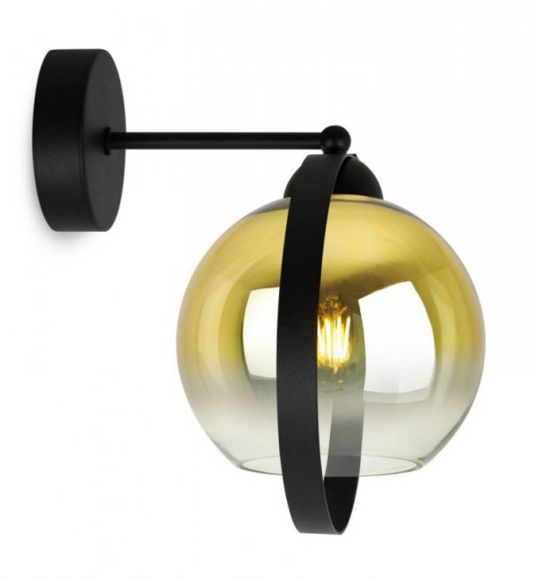 Kinkiet ścienny na prostym ramieniu ze złotym kloszem ze szkła w kształcie kuli 15 cm z czarną metalową ramą, E27 LIGHT HOME