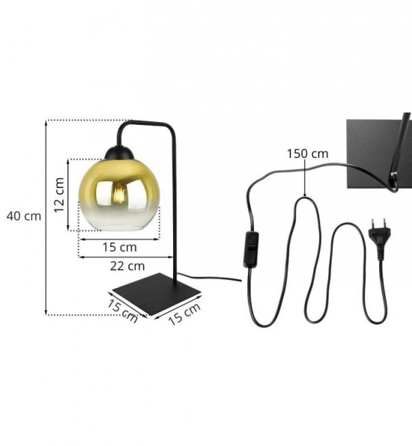 Lampa stołowa z czarnym, metalowym stelażem i złotym kloszem ze szkła w kształcie kuli 15 cm, E27 LIGHT HOME