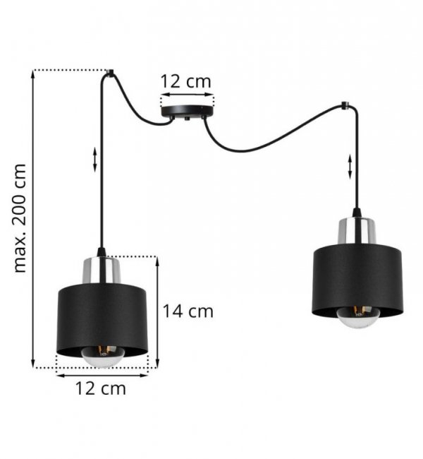 Lampa wisząca typu pająk, 2 metalowe, czarne klosze 12 cm ze srebrnym, chromowanym wykończeniem, E27