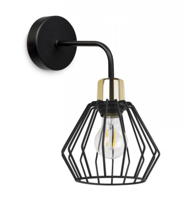 Kinkiet ścienny na zaokrąglonym ramieniu, klosz druciany metalowy czarny 18 cm ze złotym wykończeniem, E27 LIGHT HOME