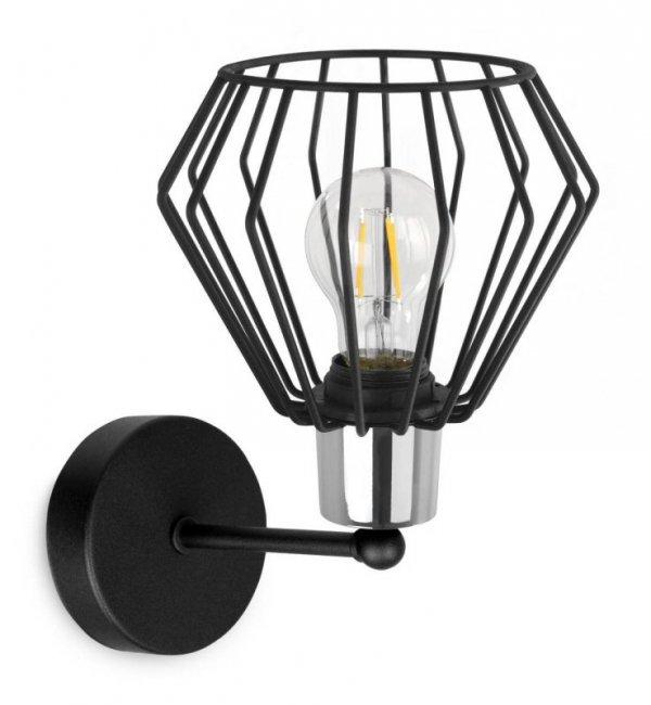 Kinkiet ścienny, czarny klosz druciany metalowy 18 cm, srebrne, chromowane wykończenie, proste ramię, E27 LIGHT HOME