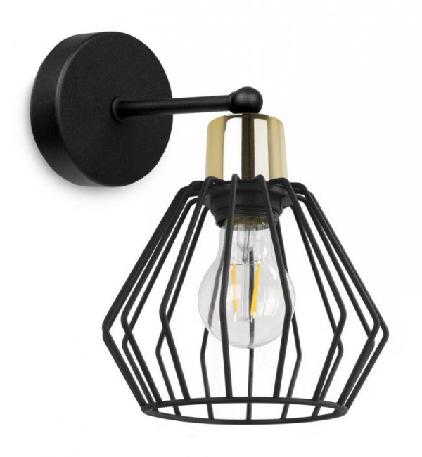 Kinkiet ścienny, czarny metalowy klosz druciany 18 cm, złote wykończenie, ramię proste, E27 LIGHT HOME