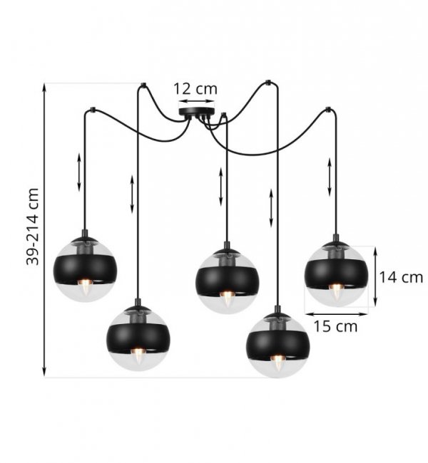 Lampa sufitowa TOLEDO, pająk, czarny żyrandol do pokoju i sypialni, E14