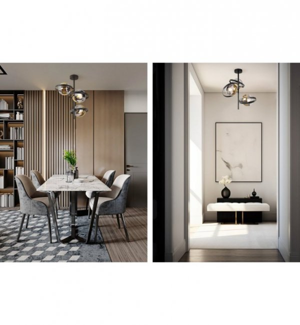 Lampa sufitowa RONDA, czarne pierścienie, złote eleganckie klosze kule, E27