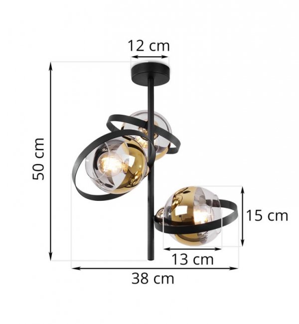 Lampa sufitowa RONDA, czarne pierścienie, złote eleganckie klosze kule, E27