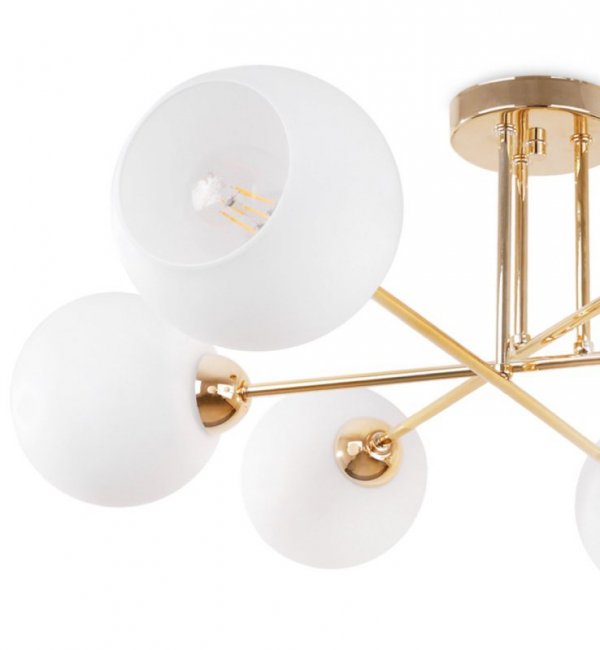 Lampa sufitowa ASTURIA, złoty żyrandol glamour nad stół i wyspę, białe kule, E27
