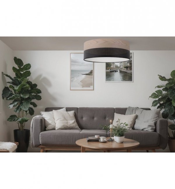 Lampa sufitowa WOOD, czarny plafon do salonu, sypialni, pokoju, dębowe drewno