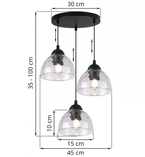 Lampa wisząca VENICE, sufitowa, żyrandol z trzema szklanymi kloszami, loft, nowoczesna