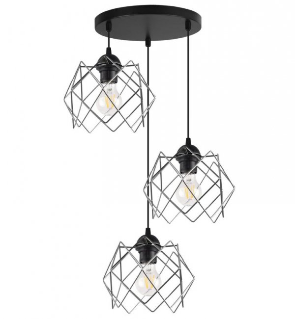 Lampa wisząca STELLA, sufitowa, okrągła czarna listwa loft, potrójna, trzy srebrne klosze, glamour
