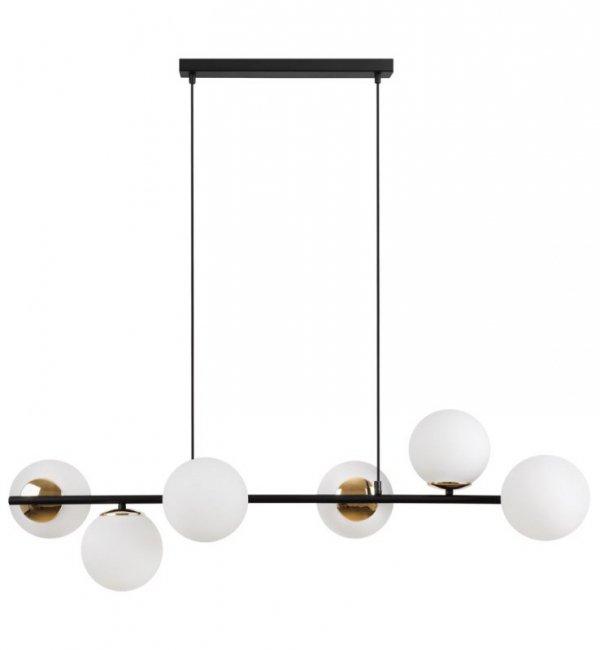 Lampa wisząca SIENA, sufitowa, czarny długi żyrandol loft typu listwa, białe szklane kule, nad stół