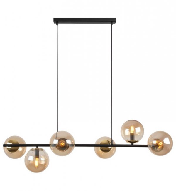 Lampa sufitowa SIENA, czarny żyrandol listwa ze złotymi dodatkami, szklane miodowe kule loft, E14