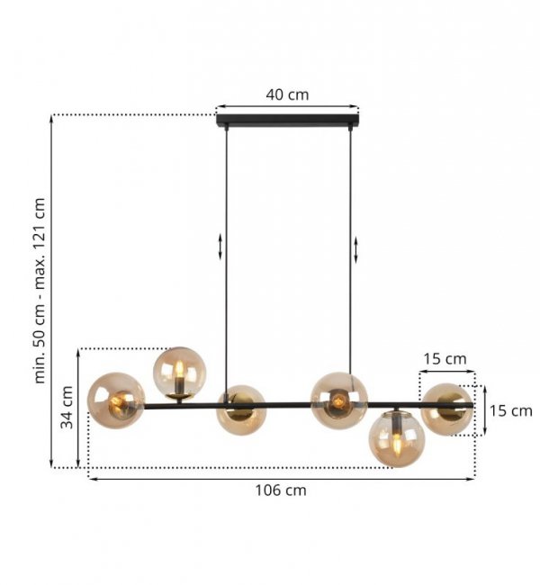 Lampa sufitowa SIENA, czarny żyrandol listwa ze złotymi dodatkami, szklane miodowe kule loft, E14