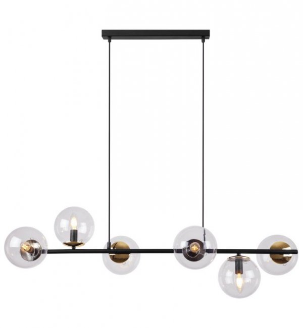 Lampa wisząca SIENA, sufitowa, czarna listwa do kuchni i salonu, szklane przezroczyste kule, 6xE14