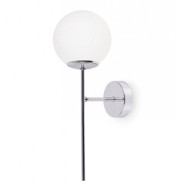 Lampa typu kinkiet SIENA, ścienna, sufitowa, konstrukcja chrom, biały klosz w kształcie kuli, styl loft, E14